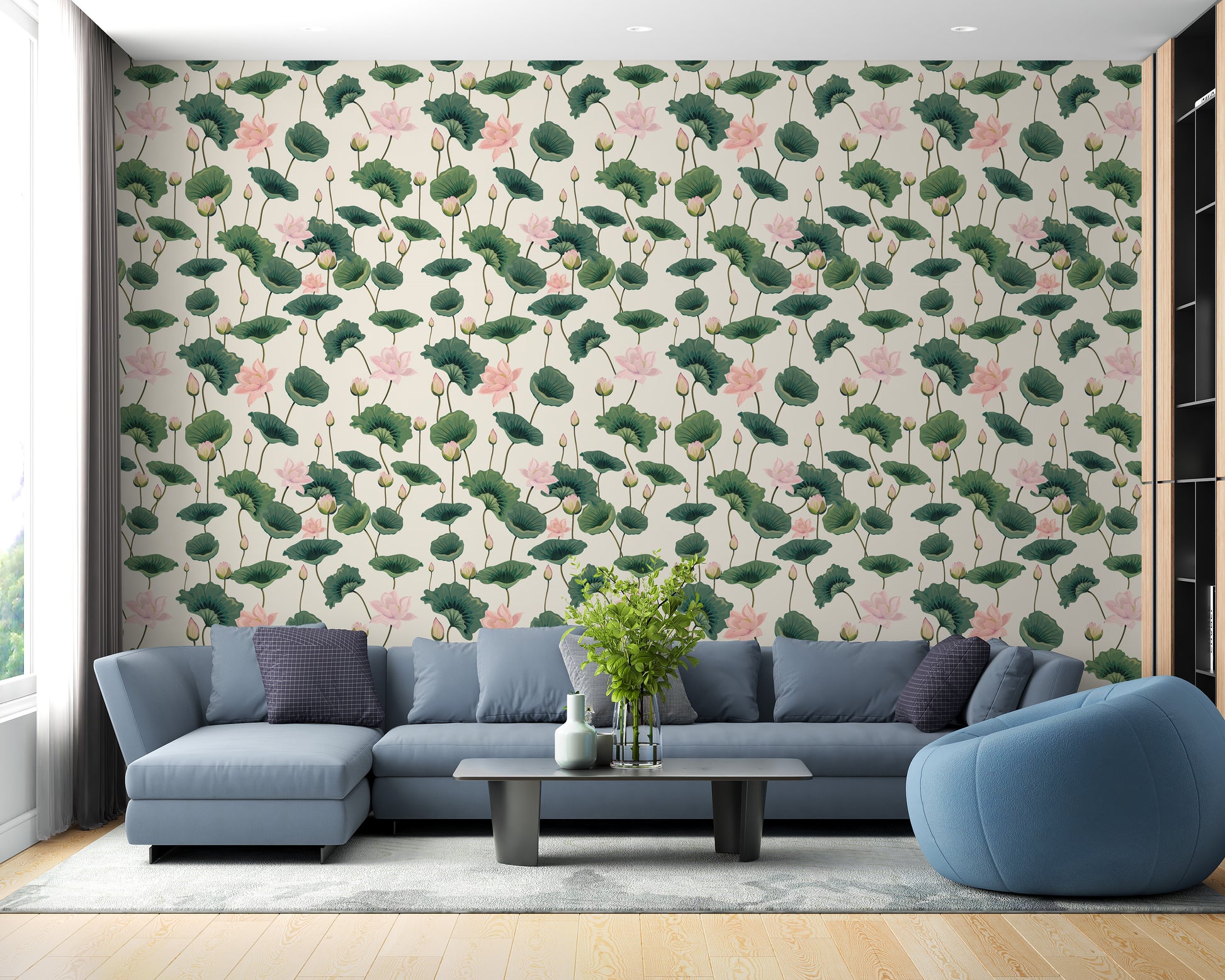 Botanical mural wallpaper with lotus flowers
