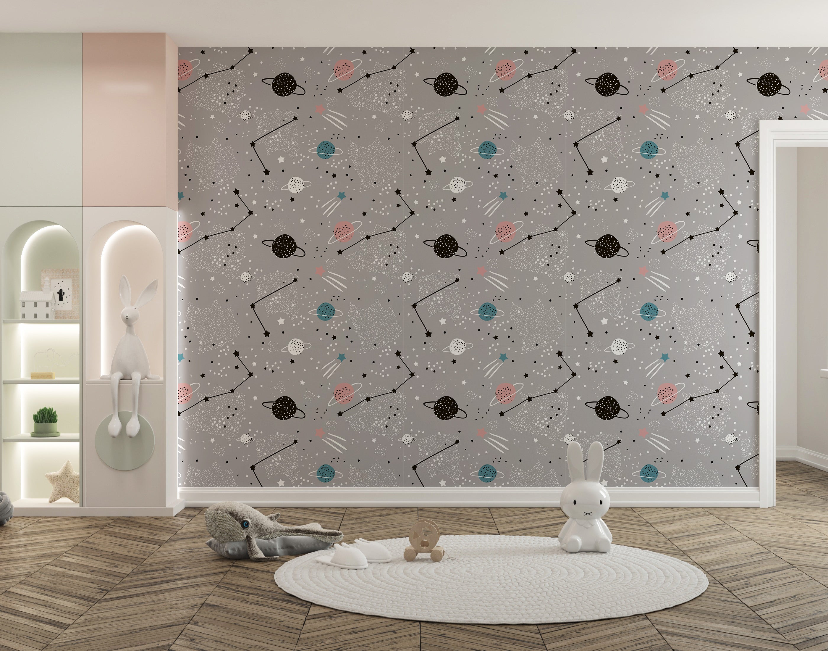 Celestial wallpaper with playful patterns
