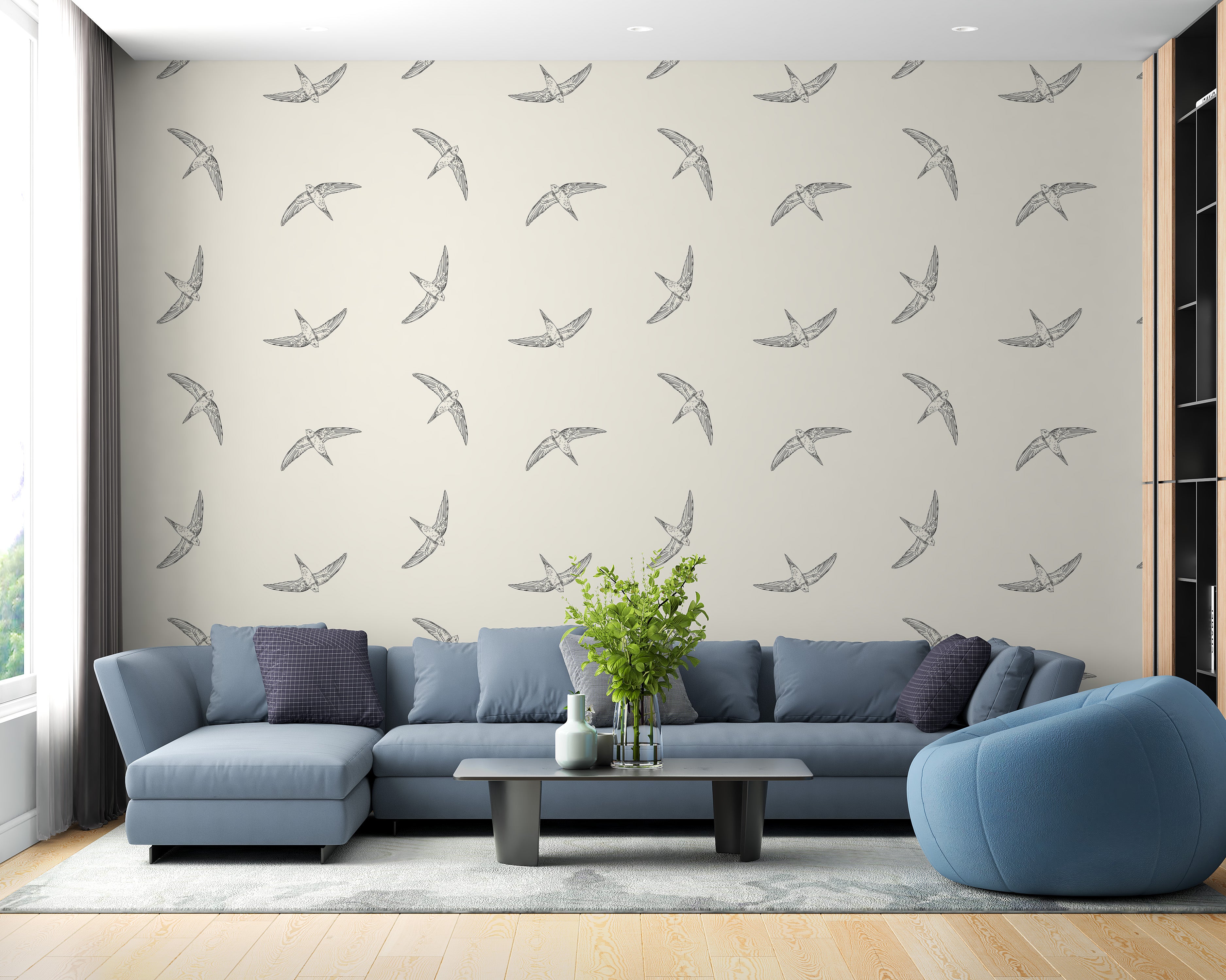 Beige flying swallow bird mural design