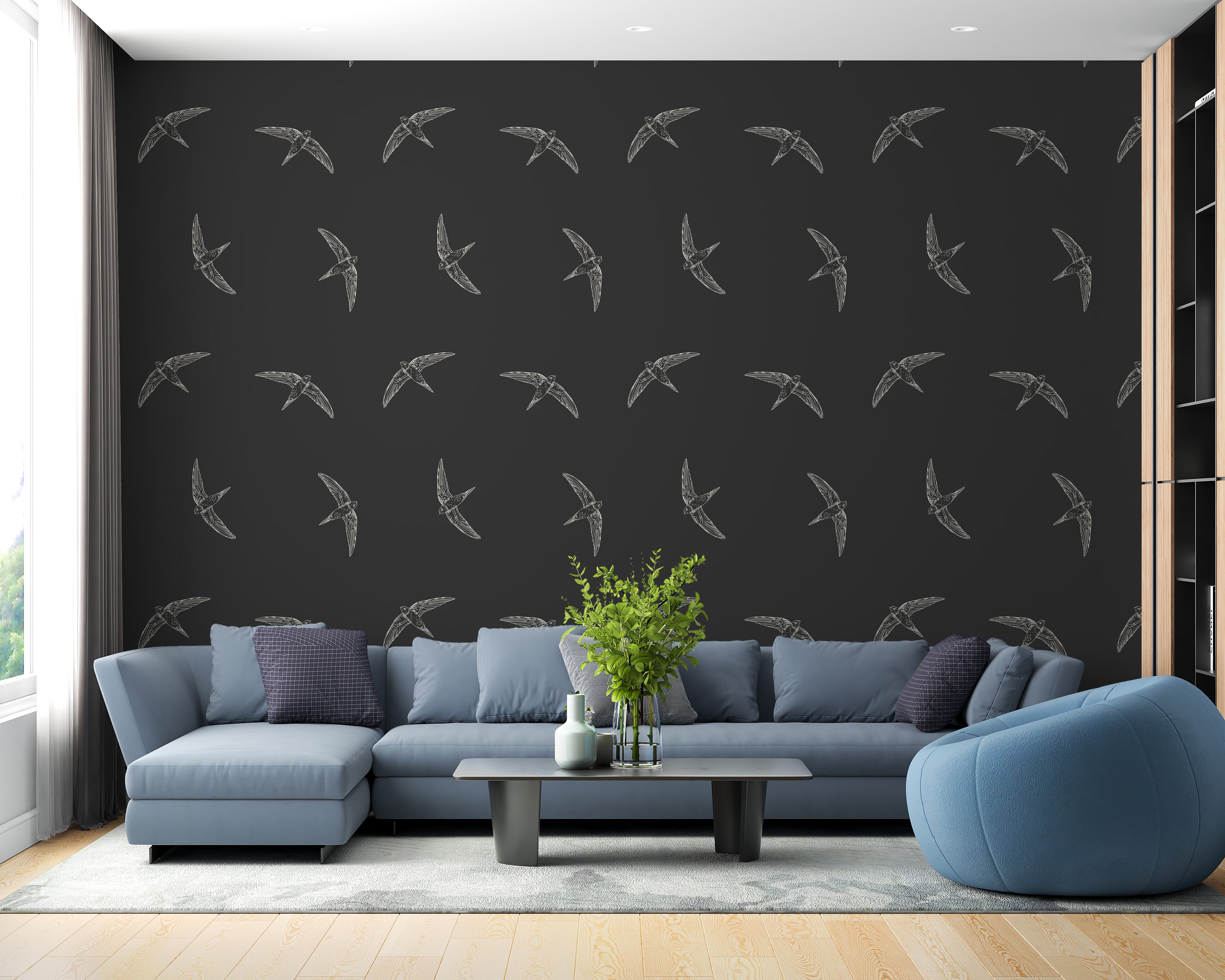 Swallows soaring against black wallpaper design