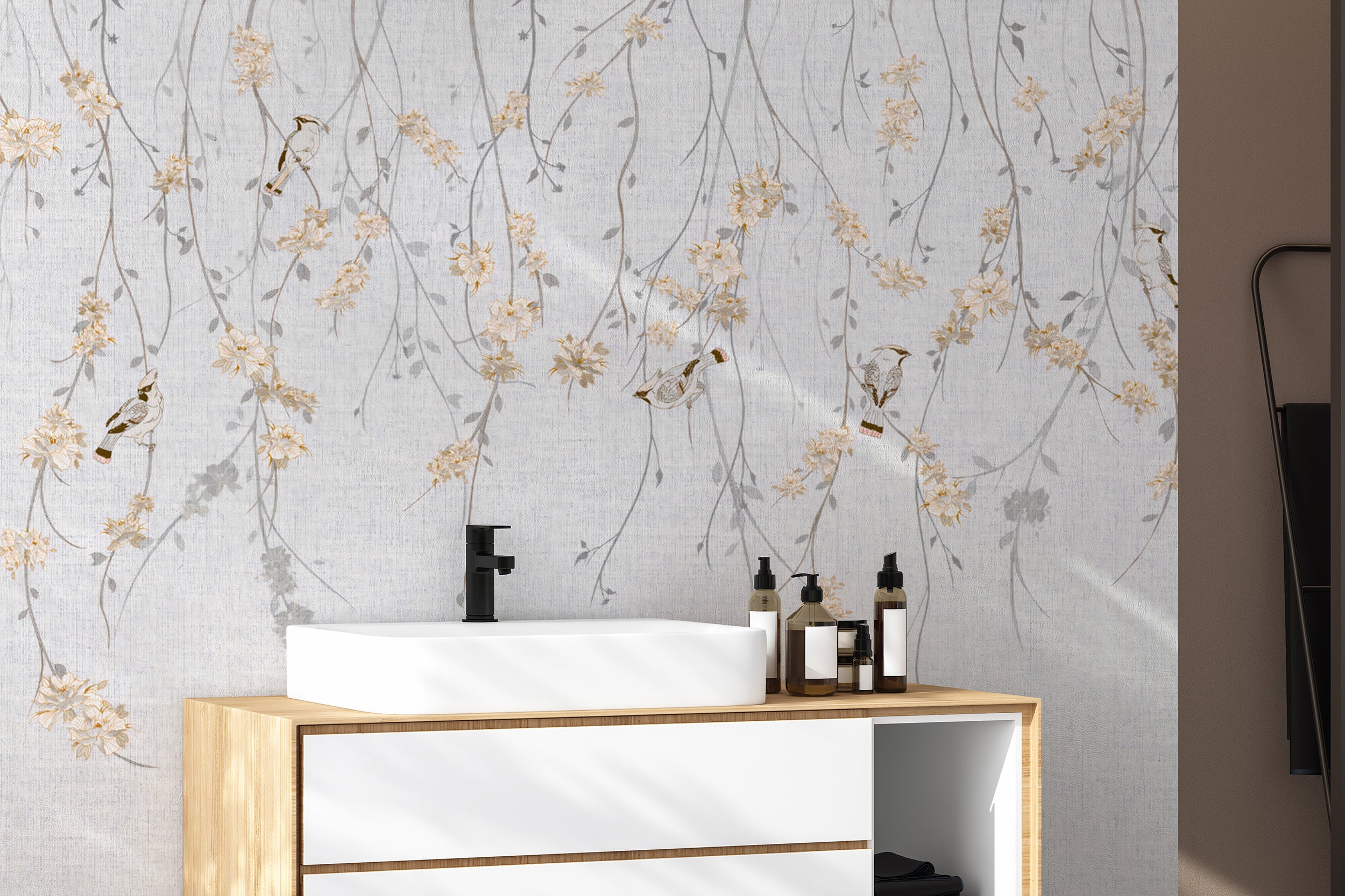 Modern hanging floral branches wallpaper with natural charm
