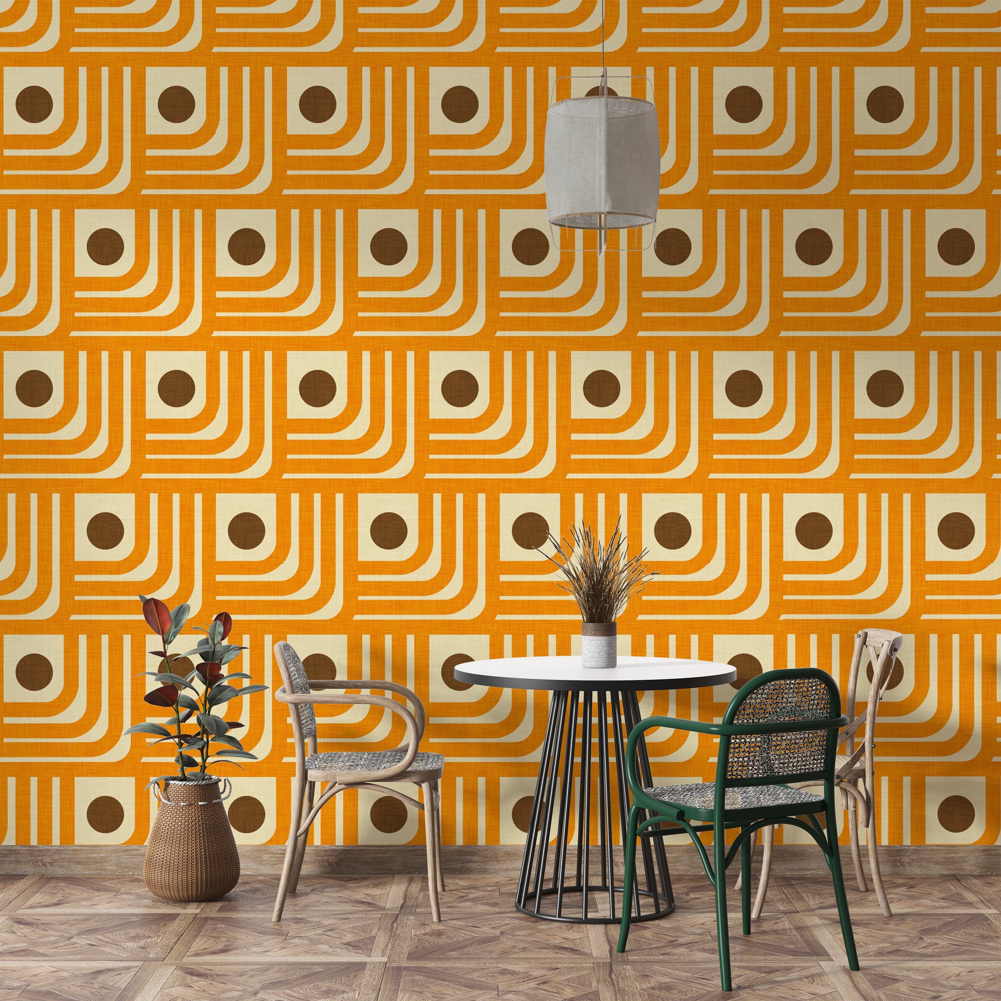 Bold retro wallpaper featuring curved orange lines
