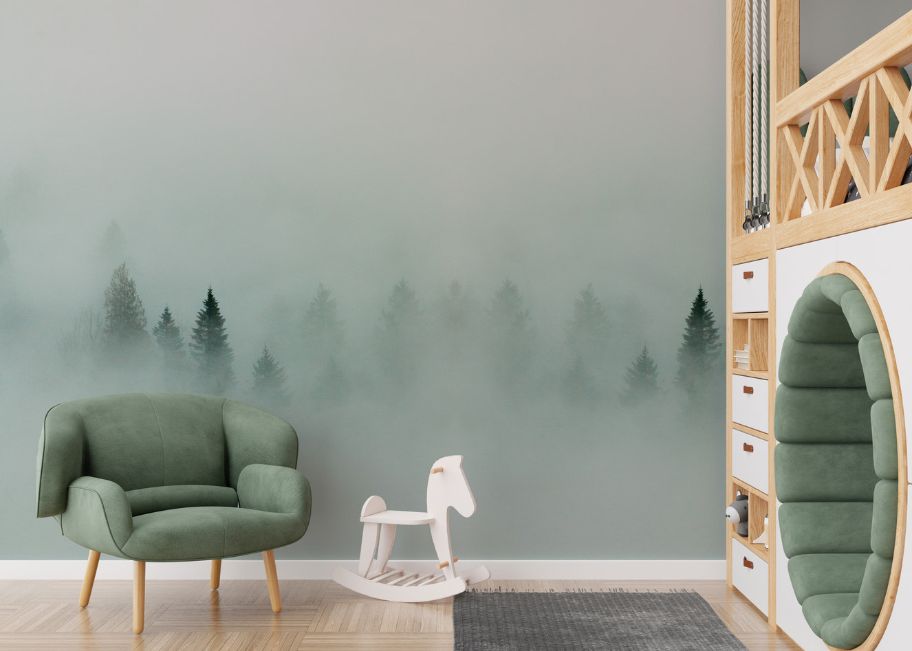 Serene dense forest fog wallpaper mural for tranquil interiors.
