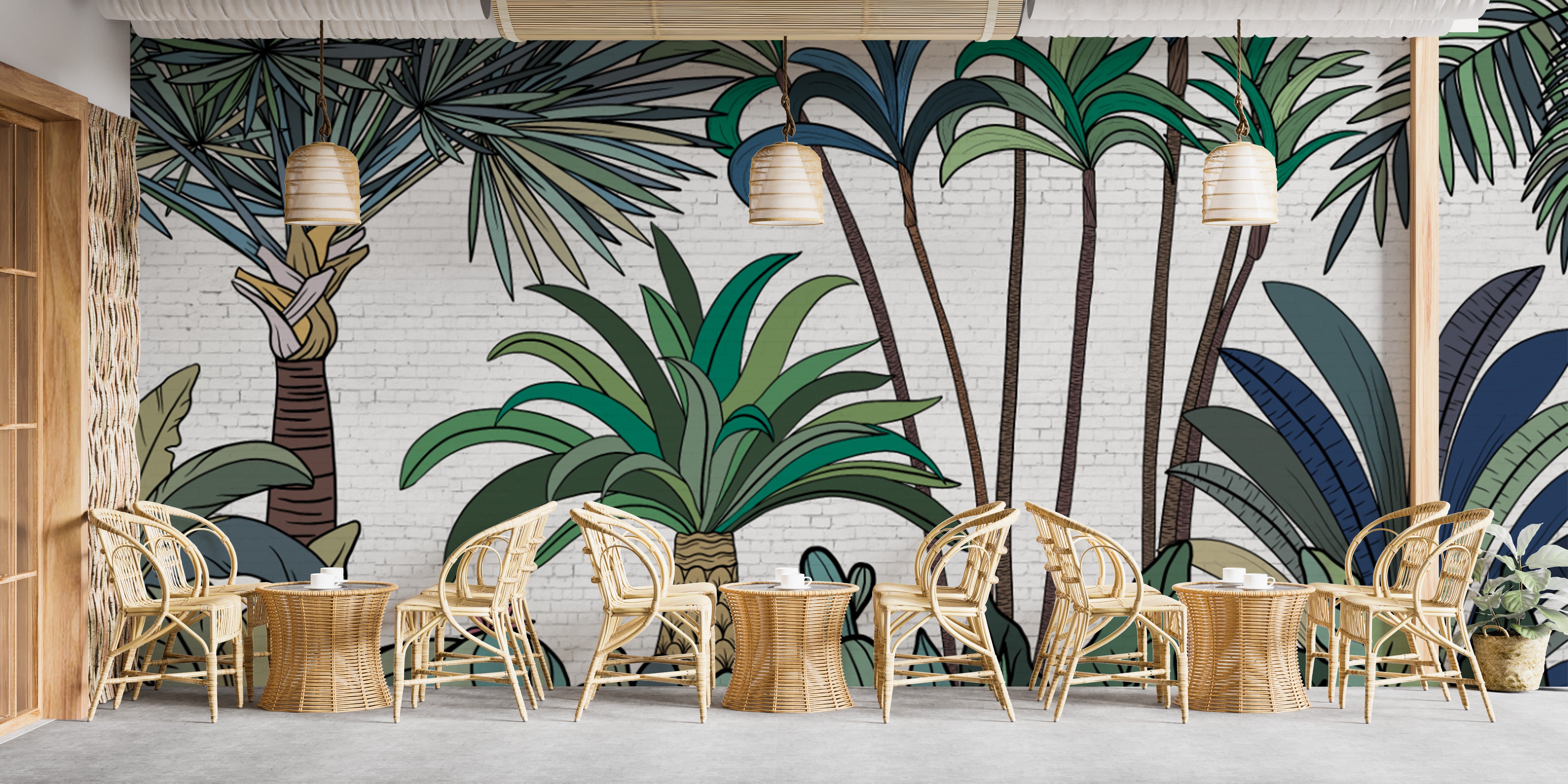 Exotic botanical leaves wallpaper with palm trees
