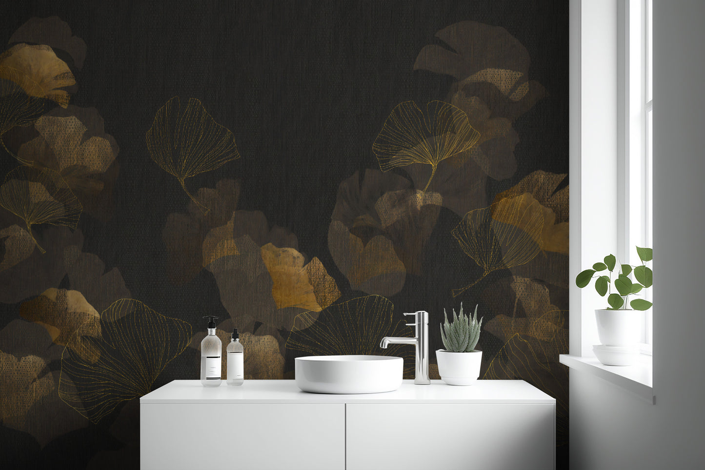 Black textured ginkgo wallpaper for elegant wall features
