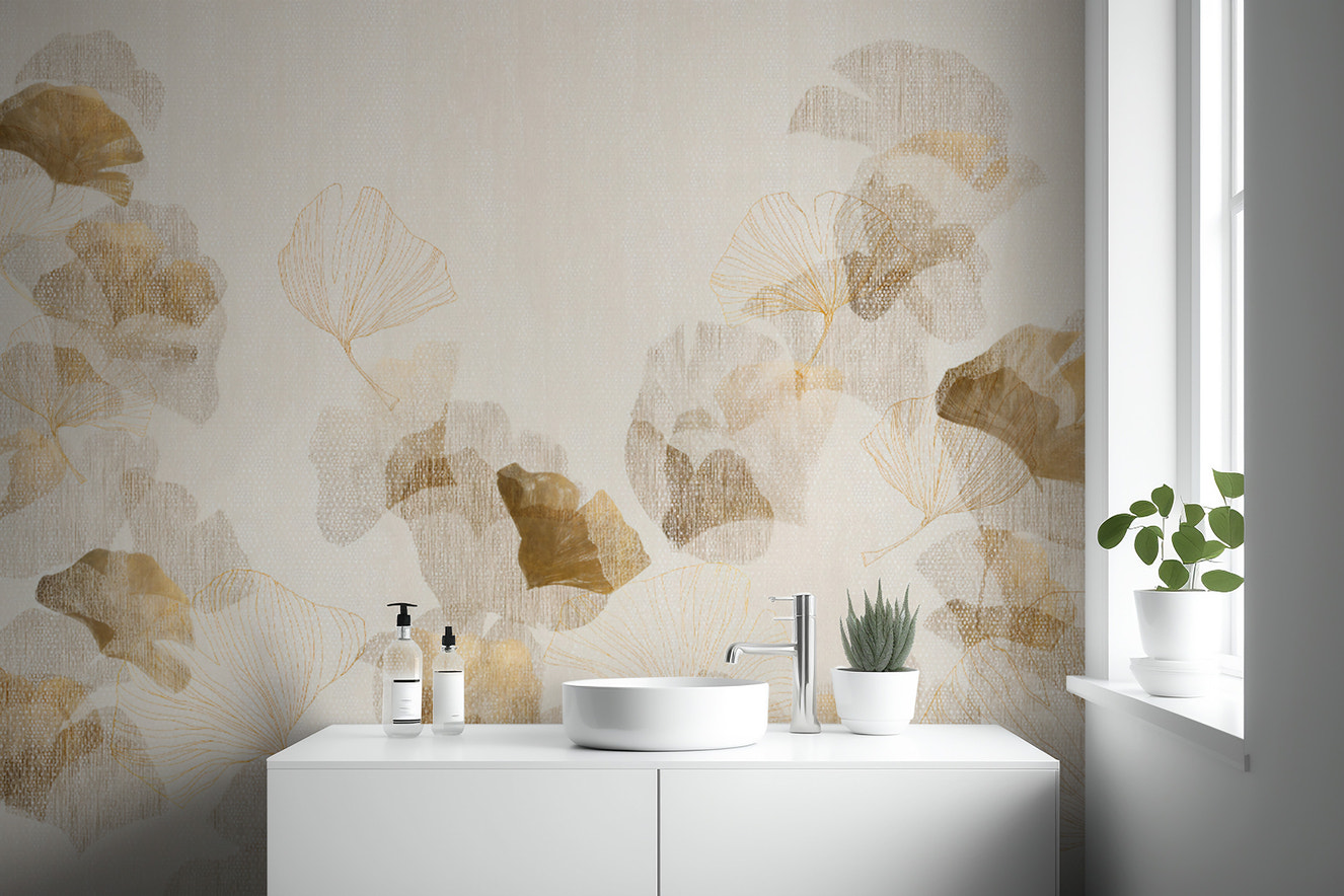 Light beige textured ginkgo wallpaper with golden leaves
