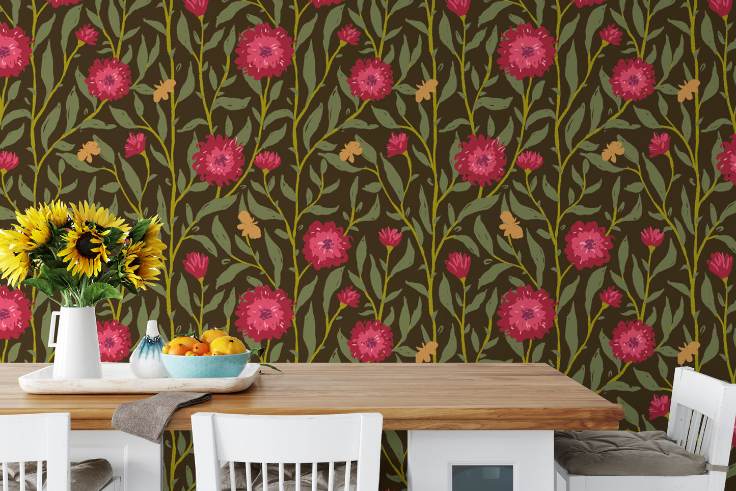 Nature-inspired spring trellis wallpaper in magenta for rich, earthy vibes.
