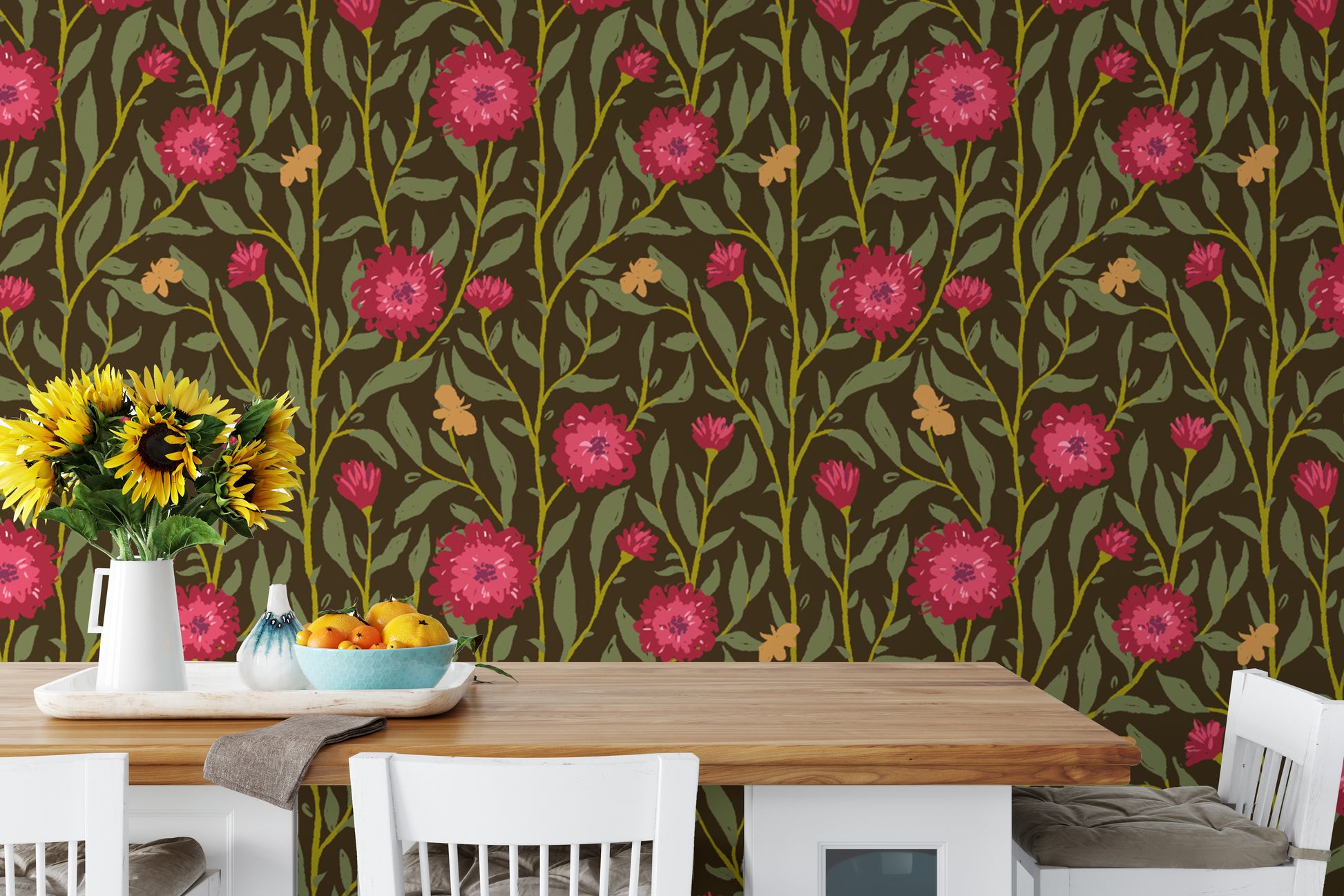 Nature-inspired spring trellis wallpaper in magenta for rich, earthy vibes.
