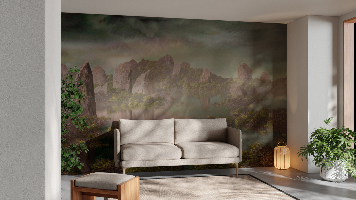 Dramatic Chinese Landscape Green Wallpaper Murals