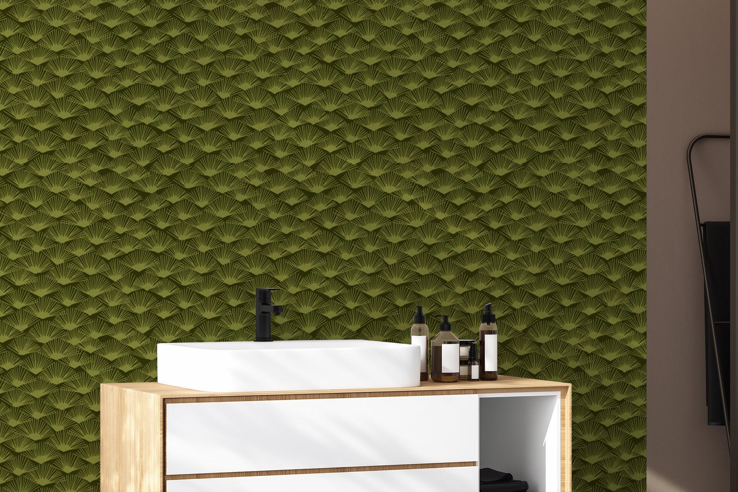 Earthy Mystic Moss Fanfare wallpaper with a botanical flair.
