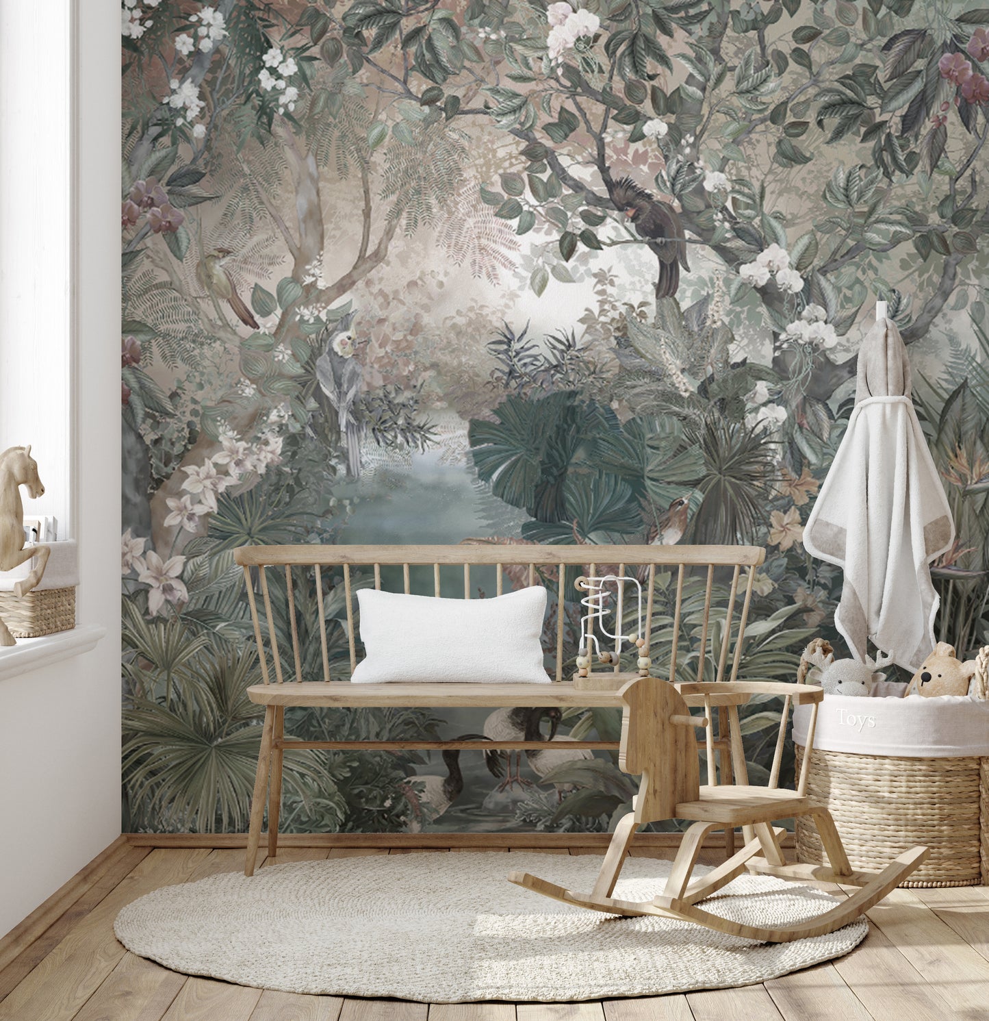 "Nature-Inspired Wallpaper with Jungle Birds and Flora"