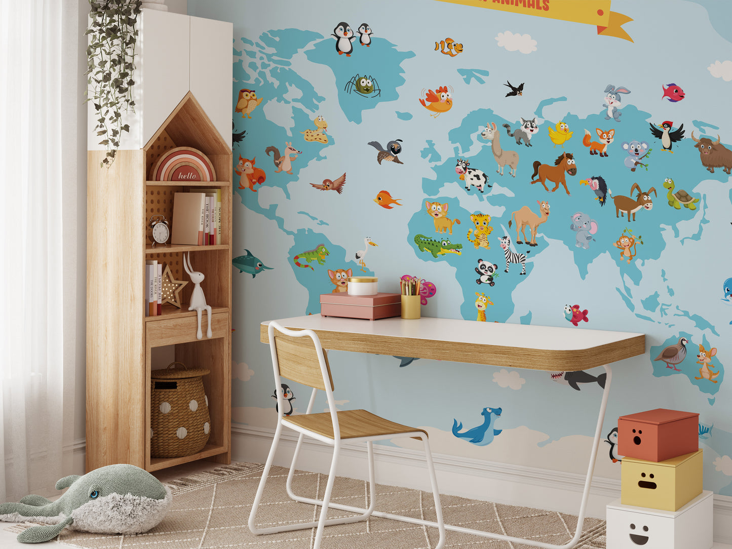 Kids' animal world map wallpaper blending fun and education.
