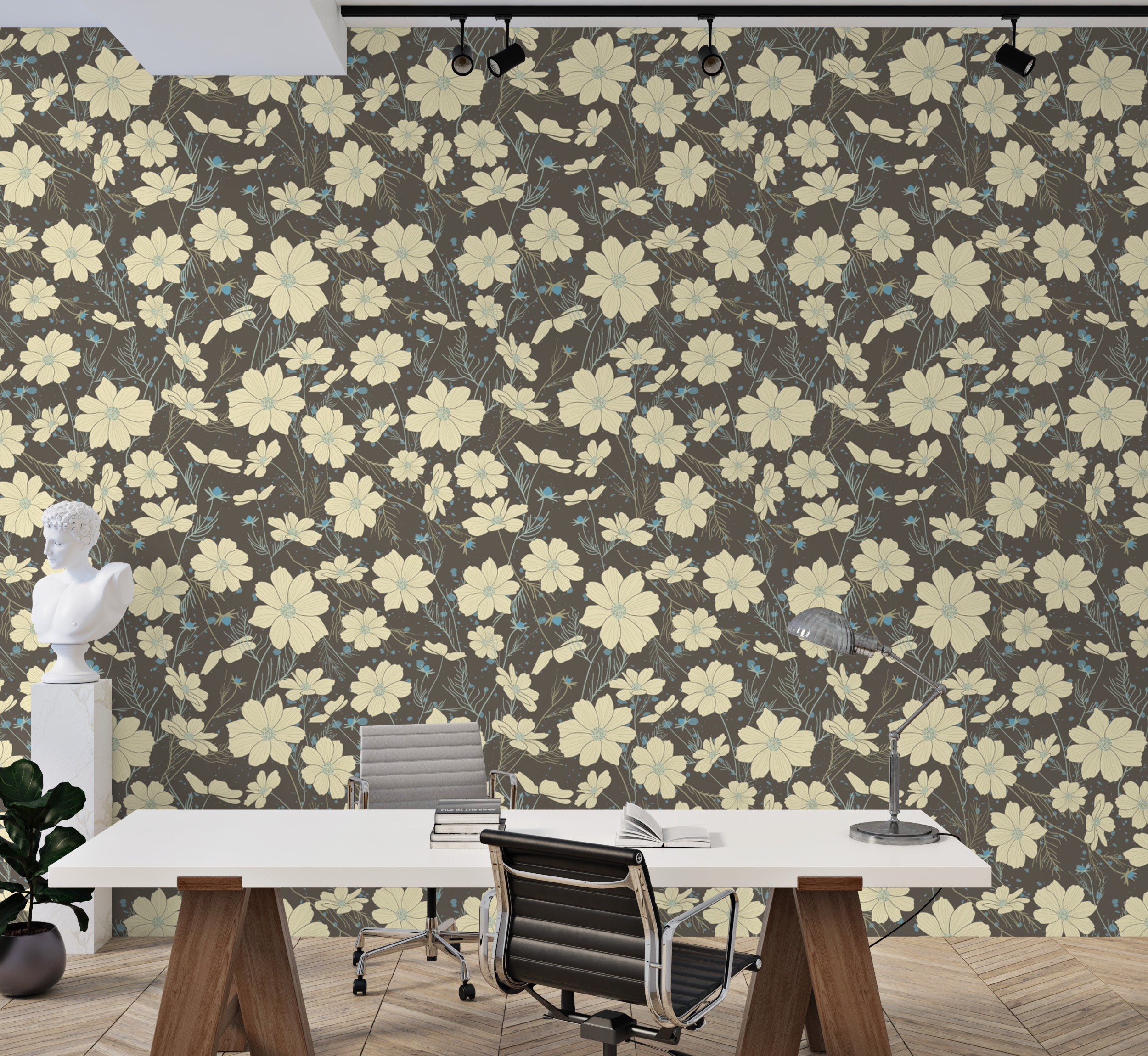 Beautiful gray wallpaper featuring cosmos flowers in bloom.
