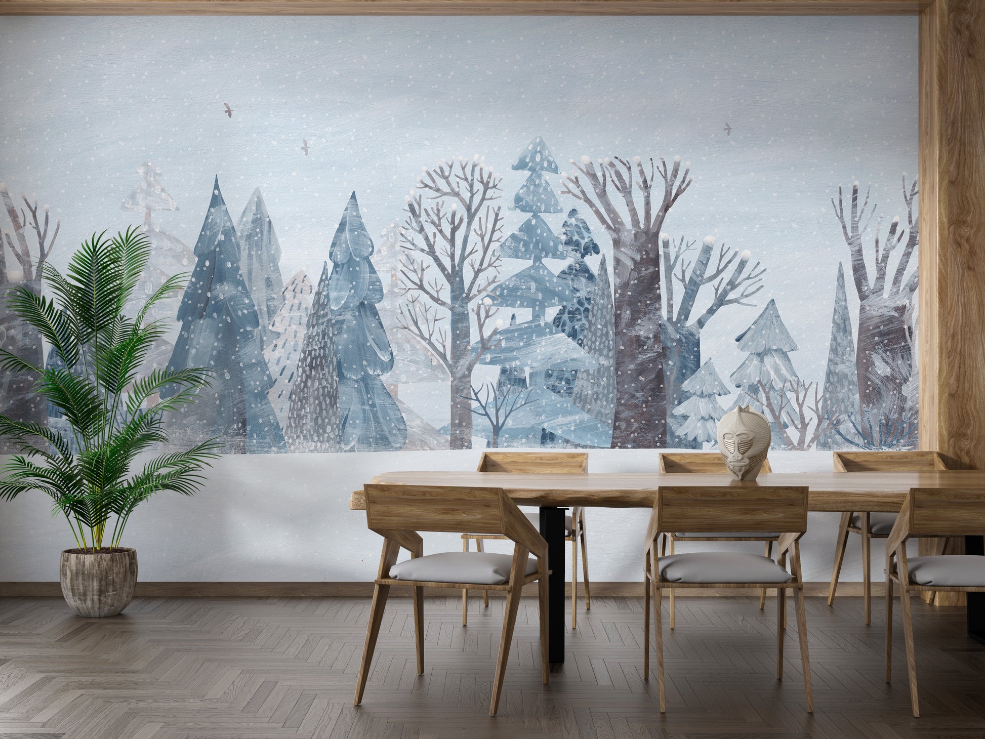 Magical winter wonderland forest wall mural for seasonal decor.