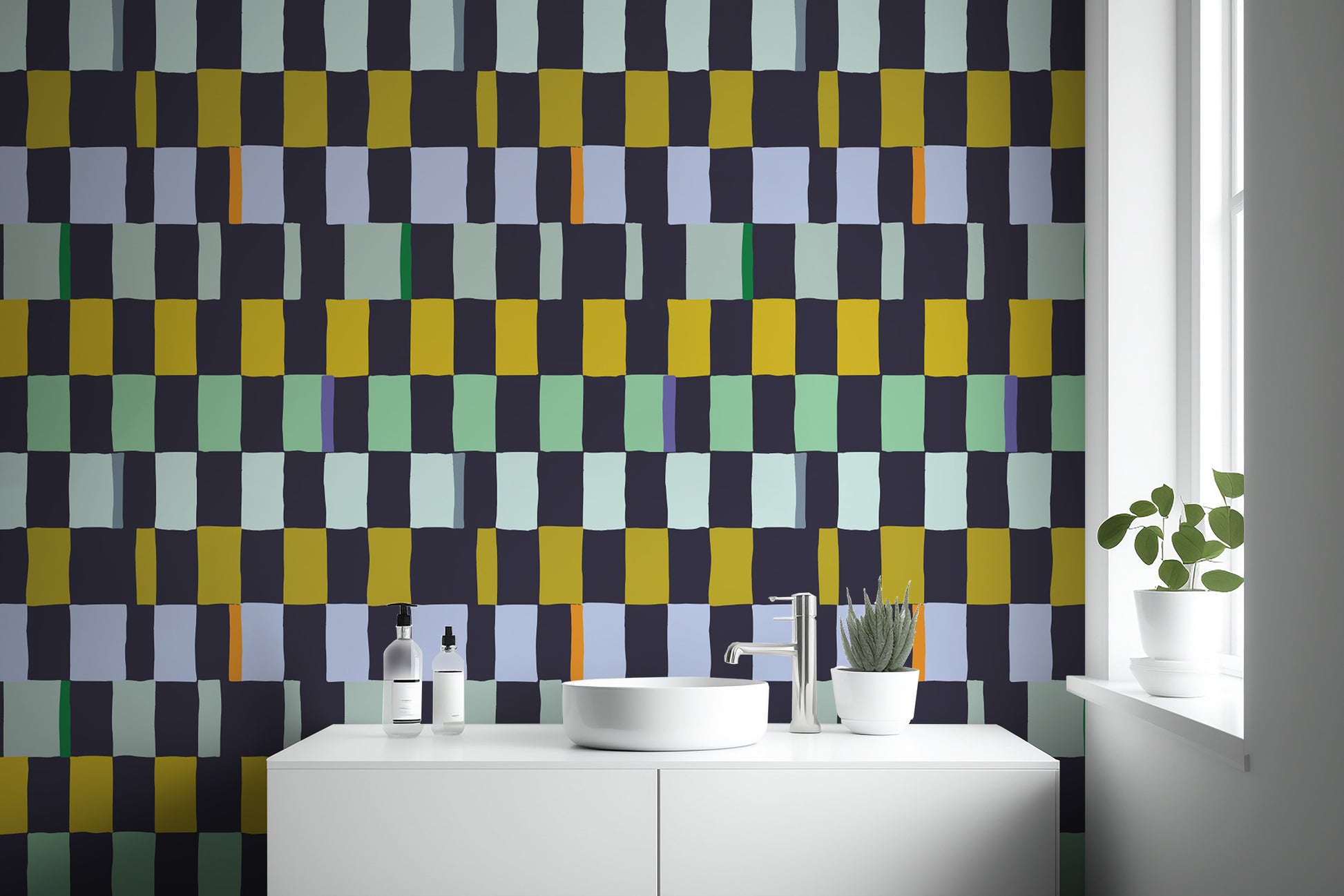 Vibrant mosaic quilt wallpaper adds charm to any space.
