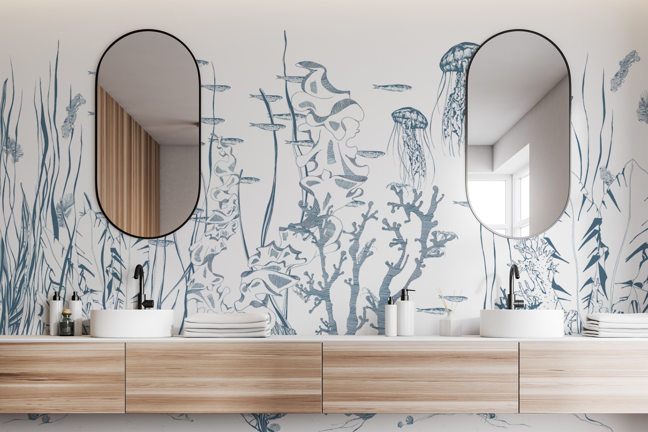 Jellyfish and coral reef hand-drawn wall mural design
