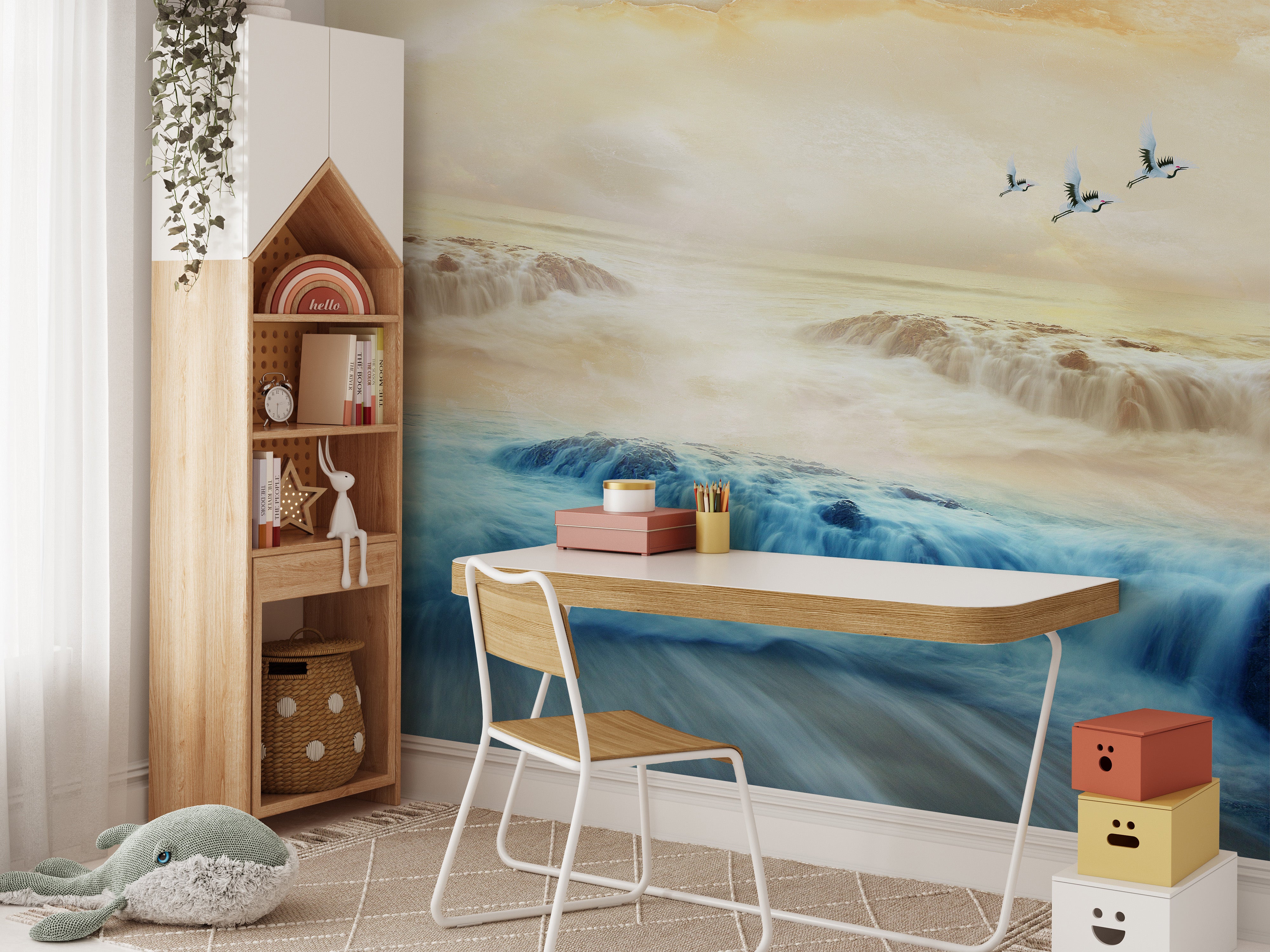 Misty mountains mural with sun, cranes, and serene sky design.
