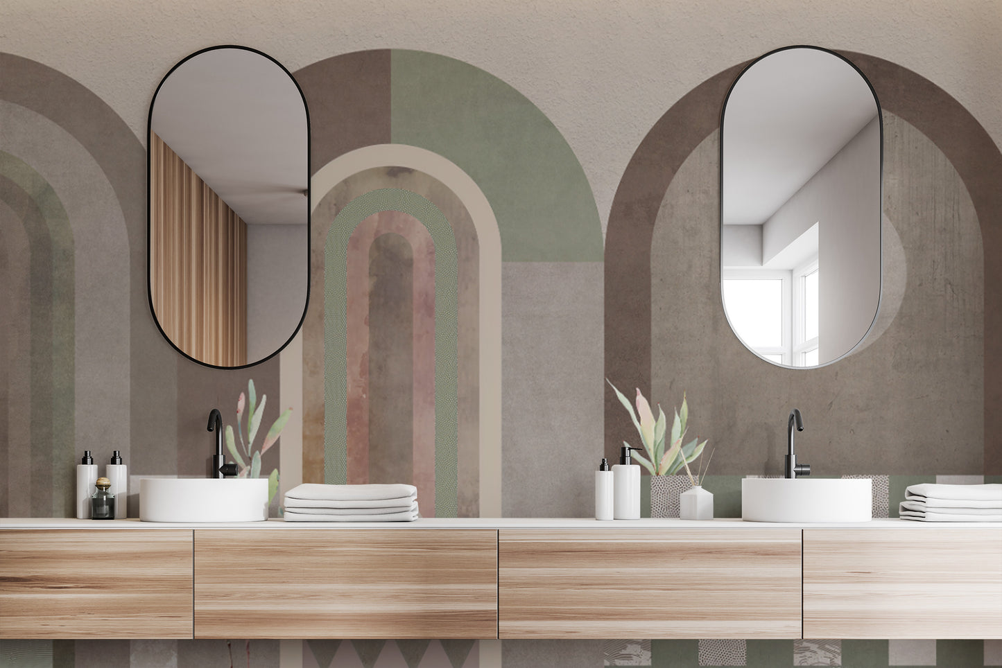 Modern wall mural with bold arch patterns
