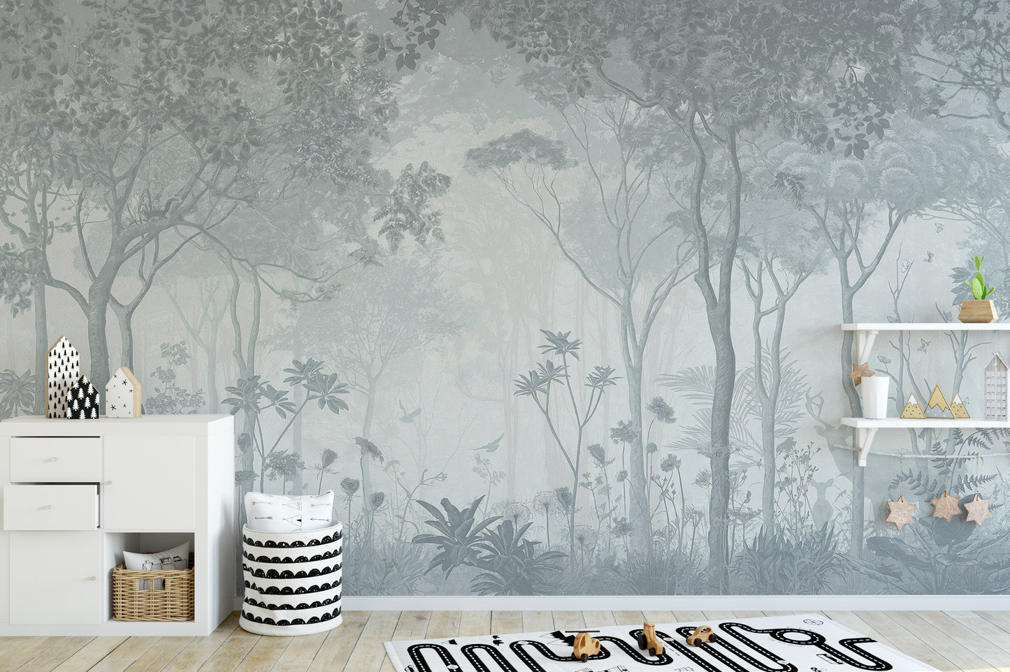 Minimalist foggy forest wall mural design
