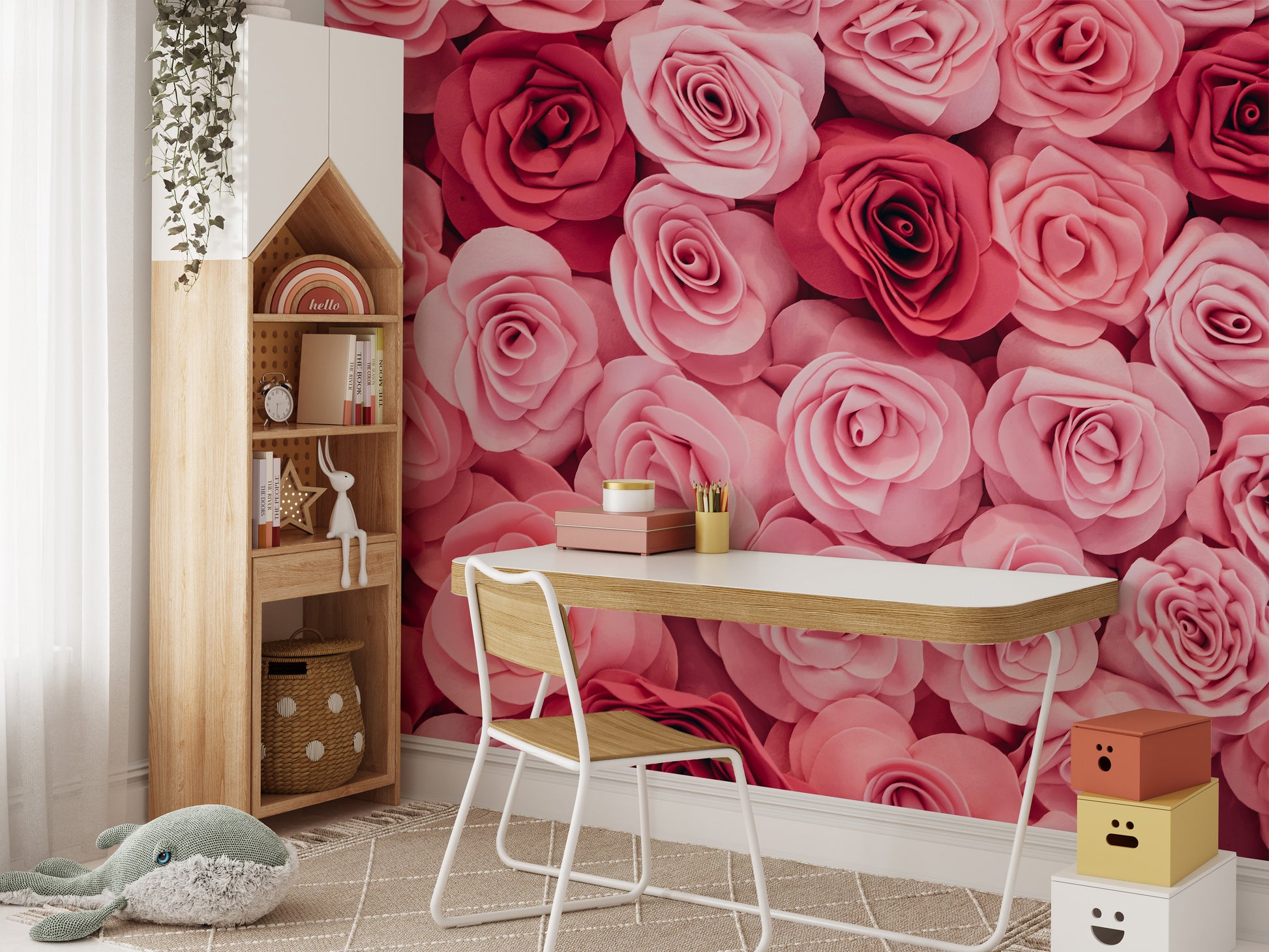 Vibrant pink roses mural adding charm to your wall design.
