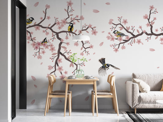 Sunset Titmouse Cherry Blossom Mural