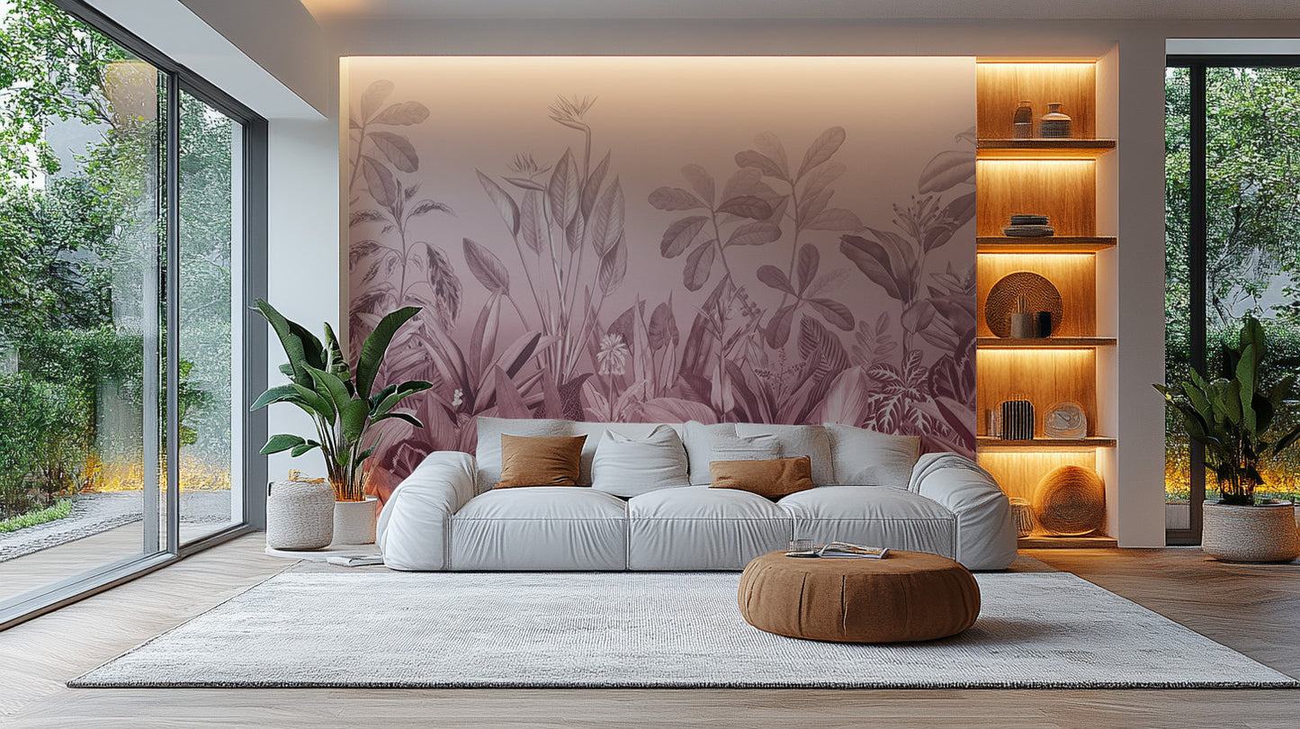 Exotic pink jungle-themed wall mural