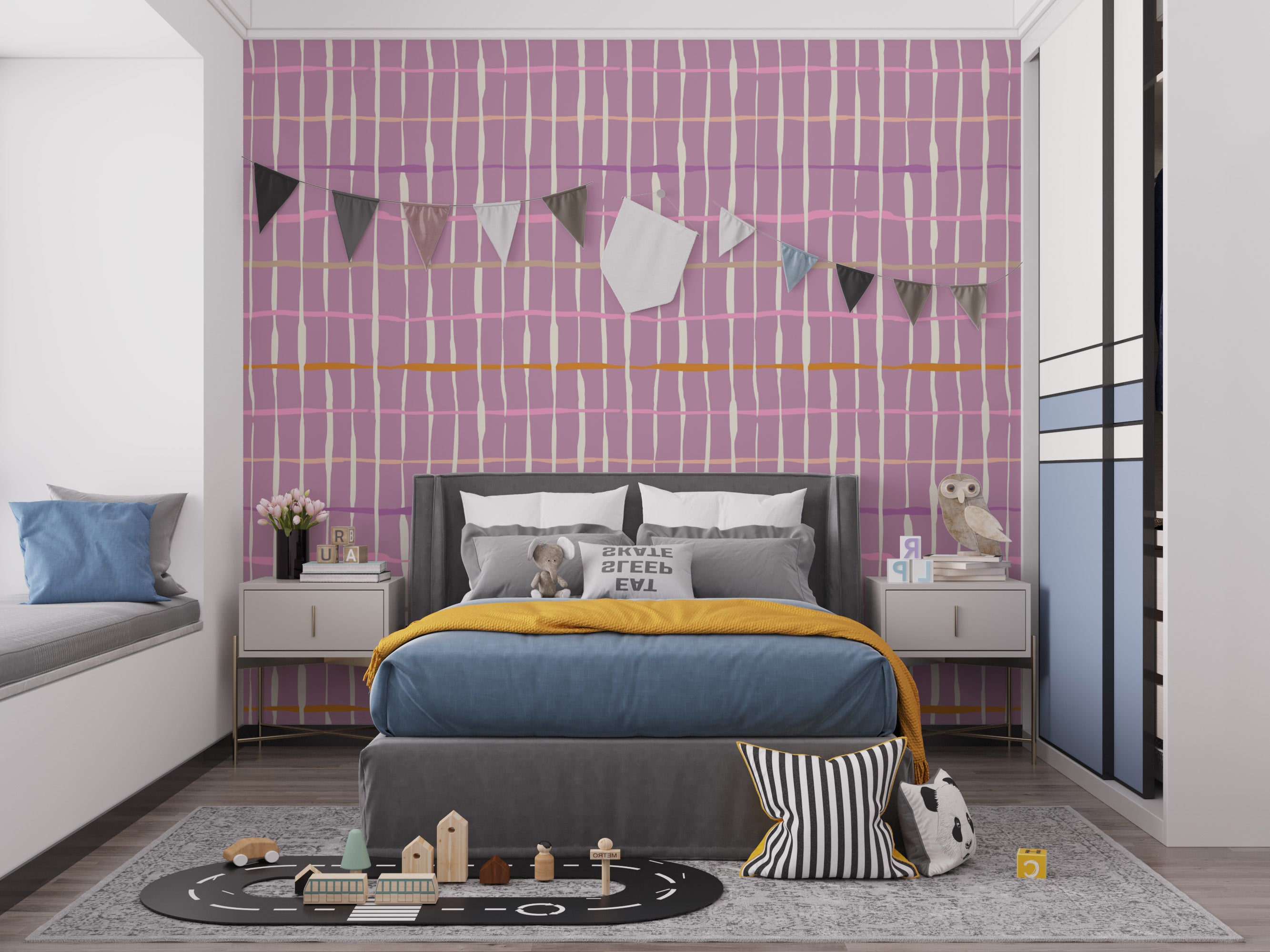 Bold retro-themed wallpaper with purple handdrawn accents
