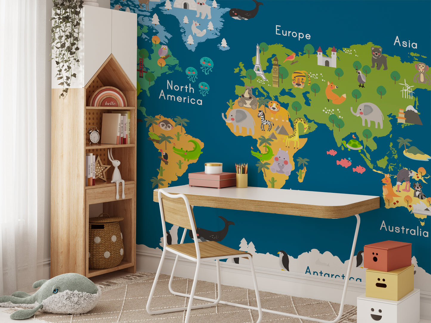 Kids World Map Blue Wallpaper Mural