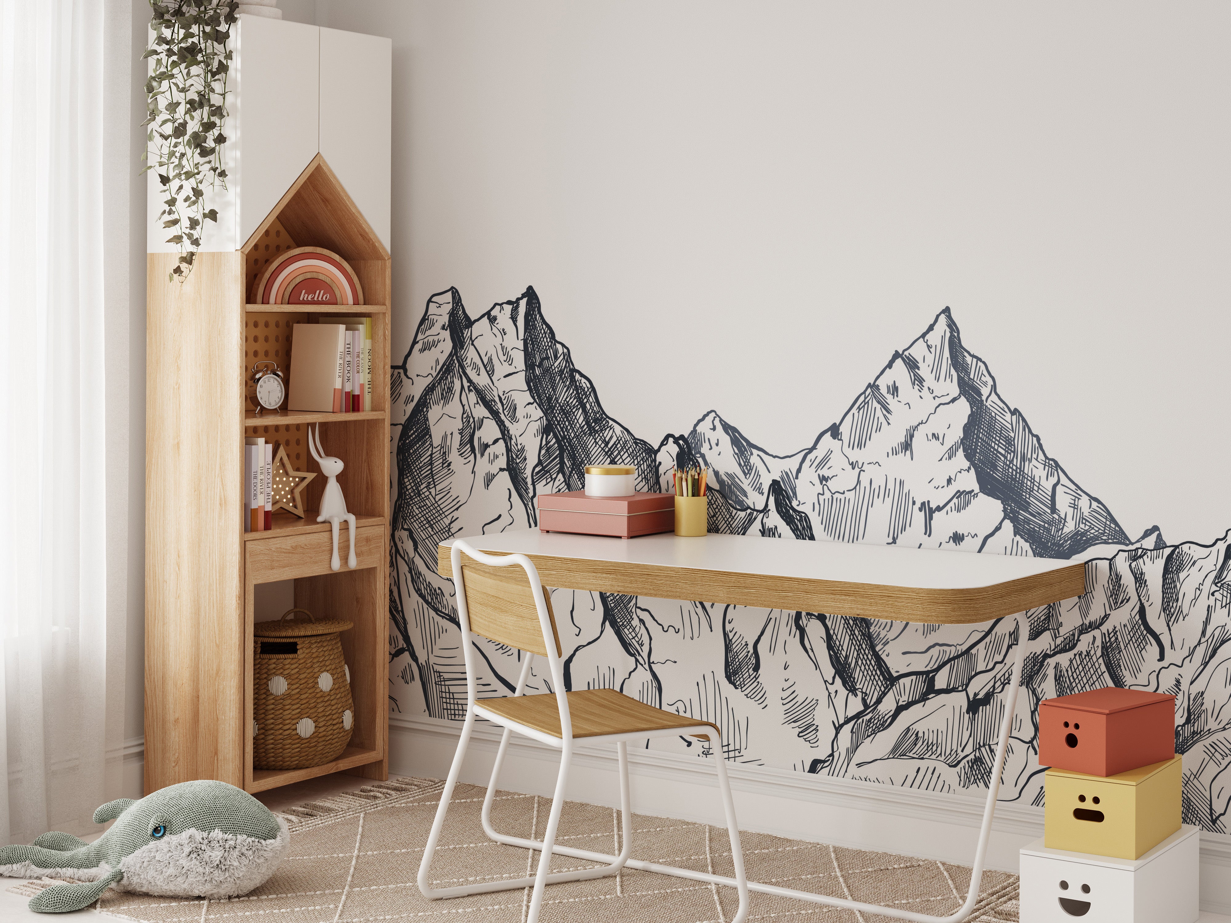 Hand-drawn mystic mountain design for tranquil wall aesthetics.
