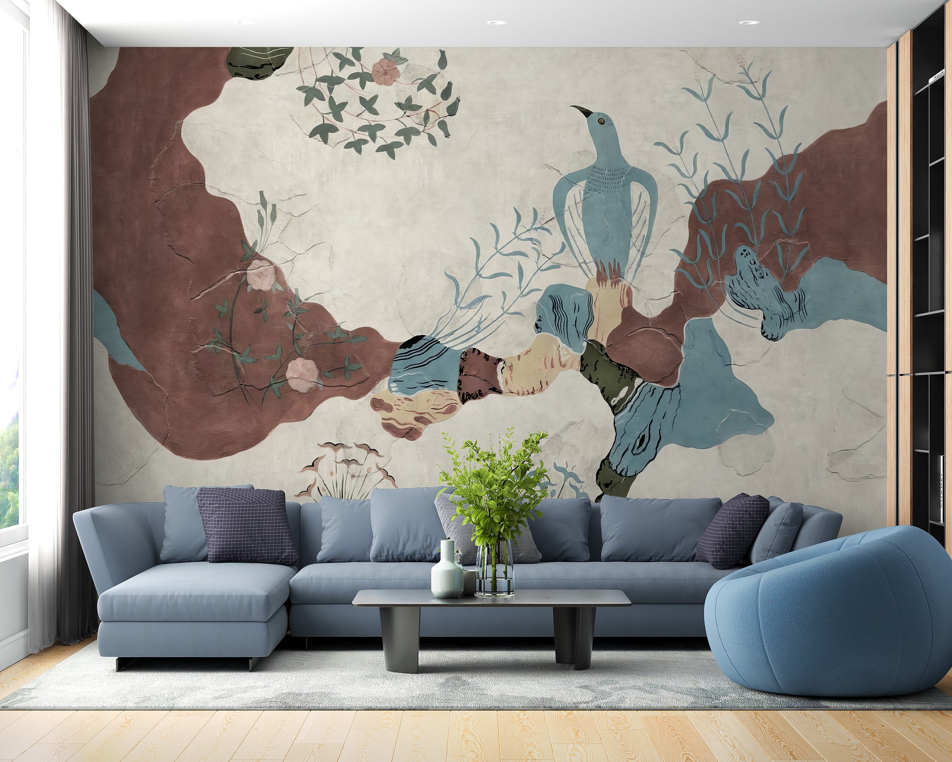 Colorful whimsical bird paradise wallpaper for walls