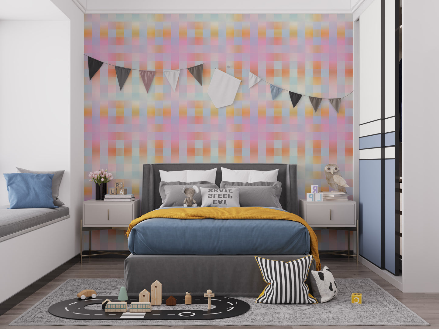 Blurred plaid design brings texture to modern walls.