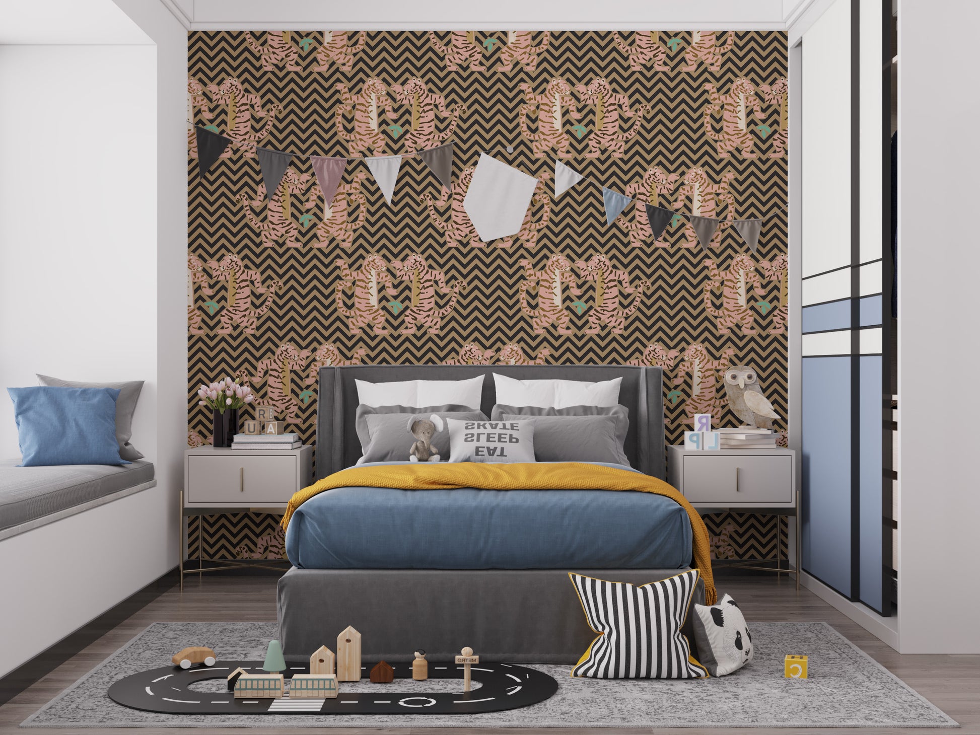 Tiger zigzag wallpaper adds boldness to dark interiors