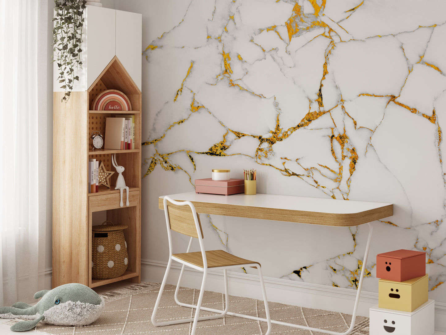 Stunning white marble mural with gold accents for chic decor.
