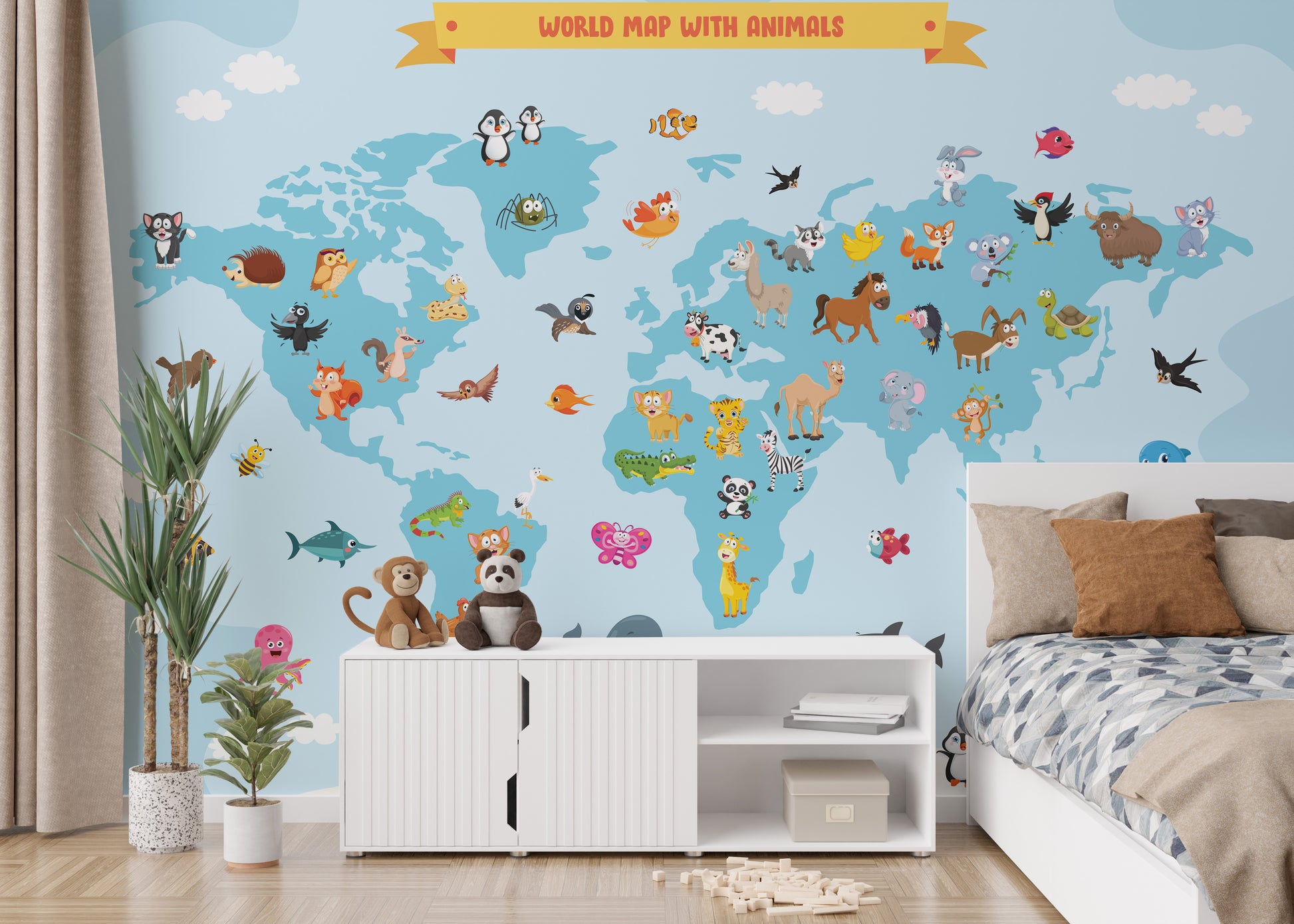 Adorable animal world map wallpaper for children’s decor.
