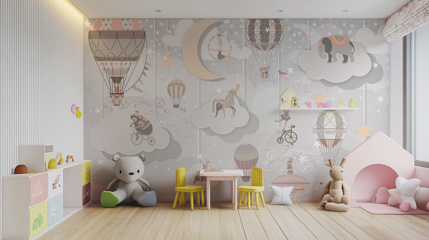 Whimsical starry circus wall mural design