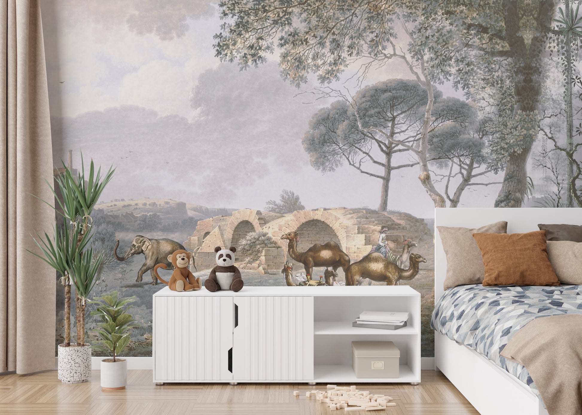 Garden-themed wallpaper featuring birds and camels for walls.
