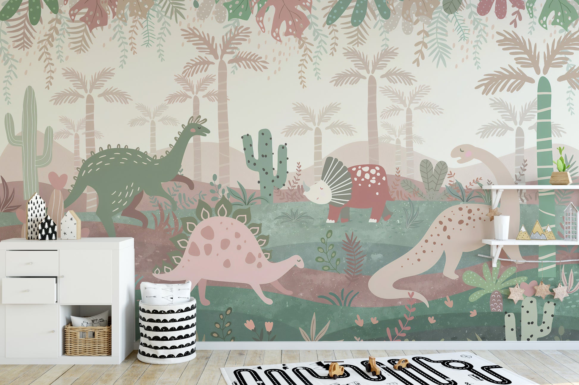 Colorful dinosaur mural for kids' spaces
