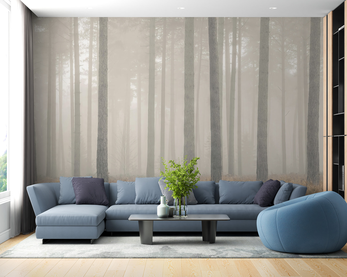 Tranquil misty pine forest mural for living area