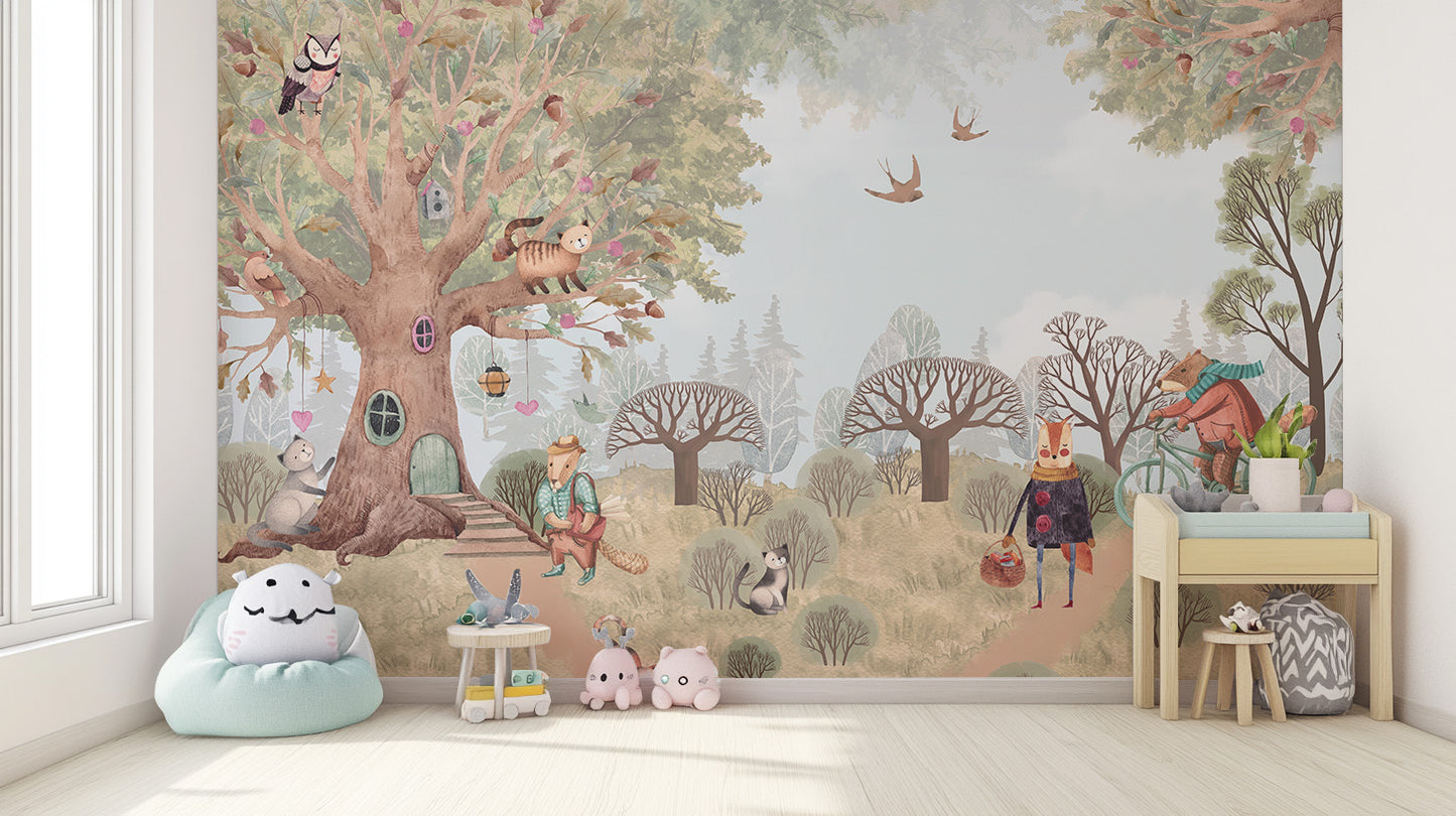 Enchanting countryside mural with animals
