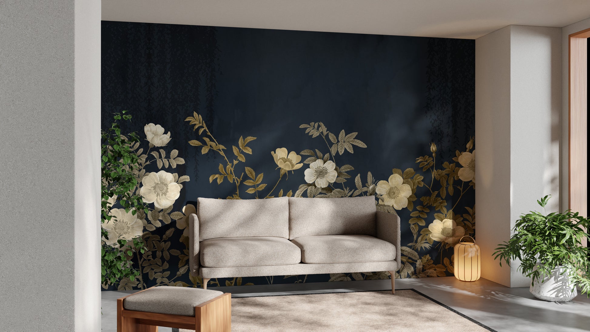 Midnight gold flora wallpaper mural for timeless interior style.
