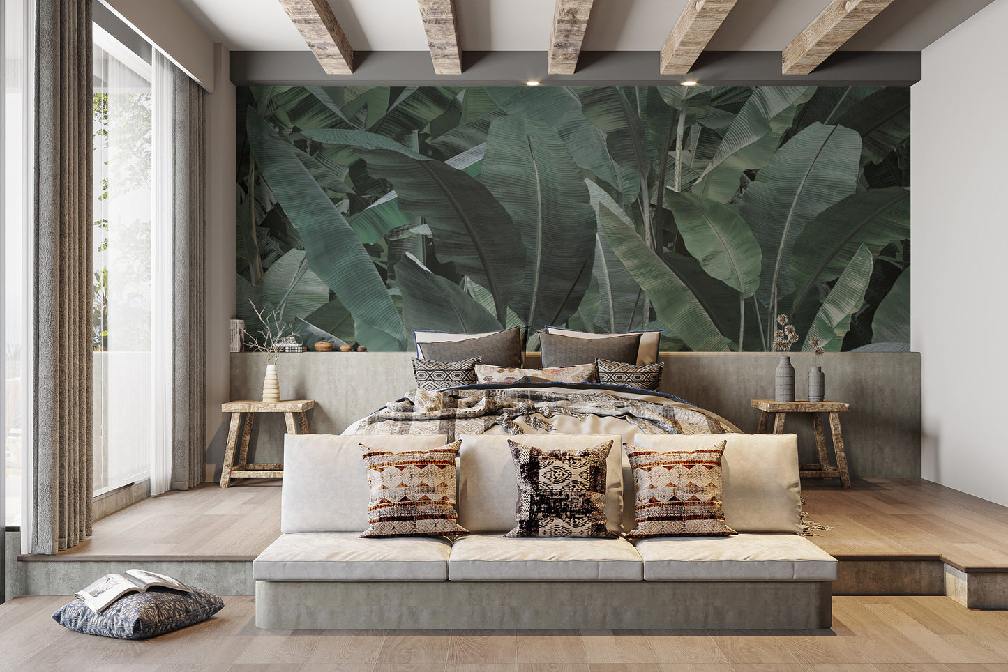 Lush greenery wall mural featuring banana leaves
