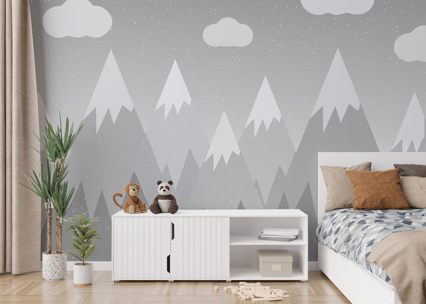 Grey mountain mural adding a calming vibe to kids' spaces.
