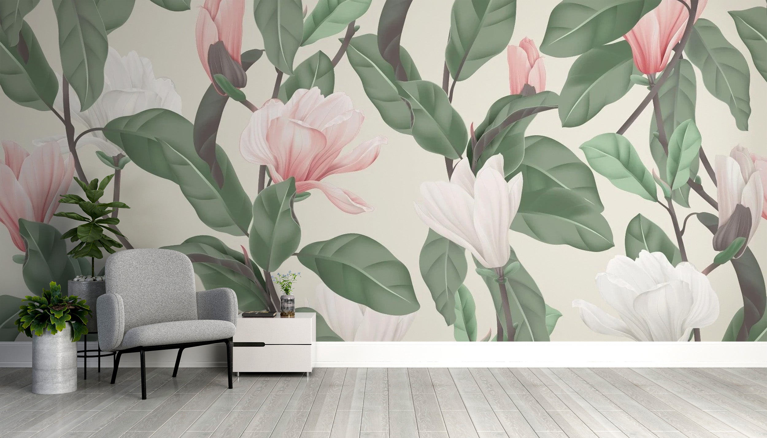 White & pink magnolia flower mural for walls
