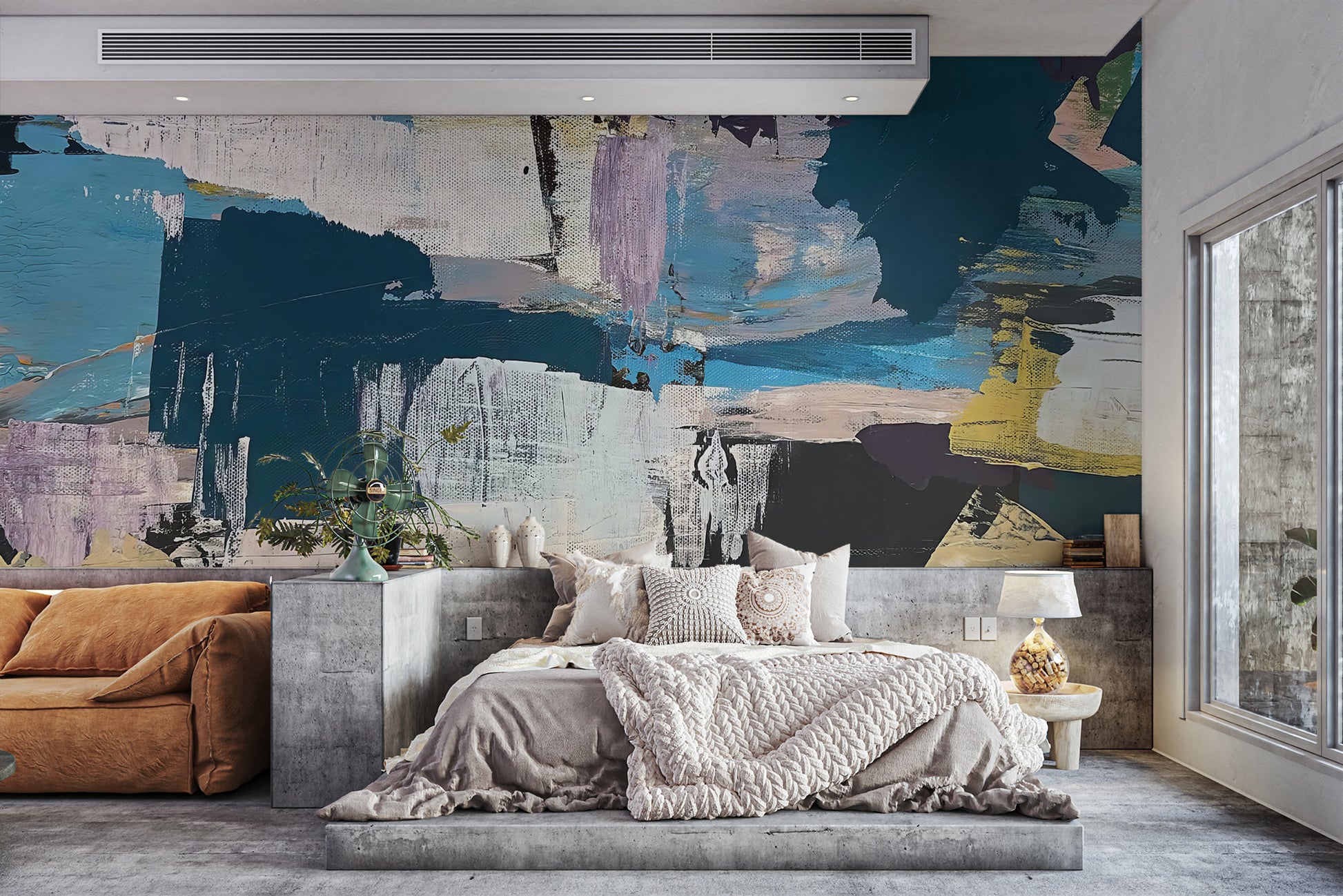 Color Texture Wallpaper Mural adds character to serene bedrooms.