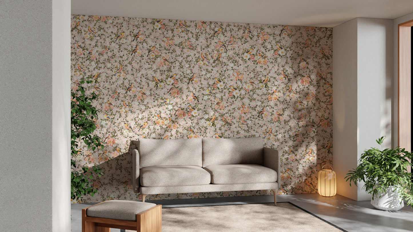 Birds and Florals Orange Color Wallpaper Mural