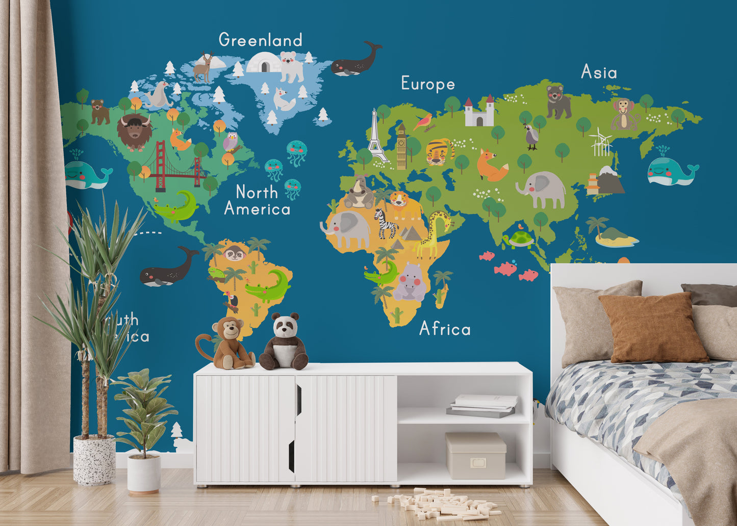 Kids World Map Blue Wallpaper Mural