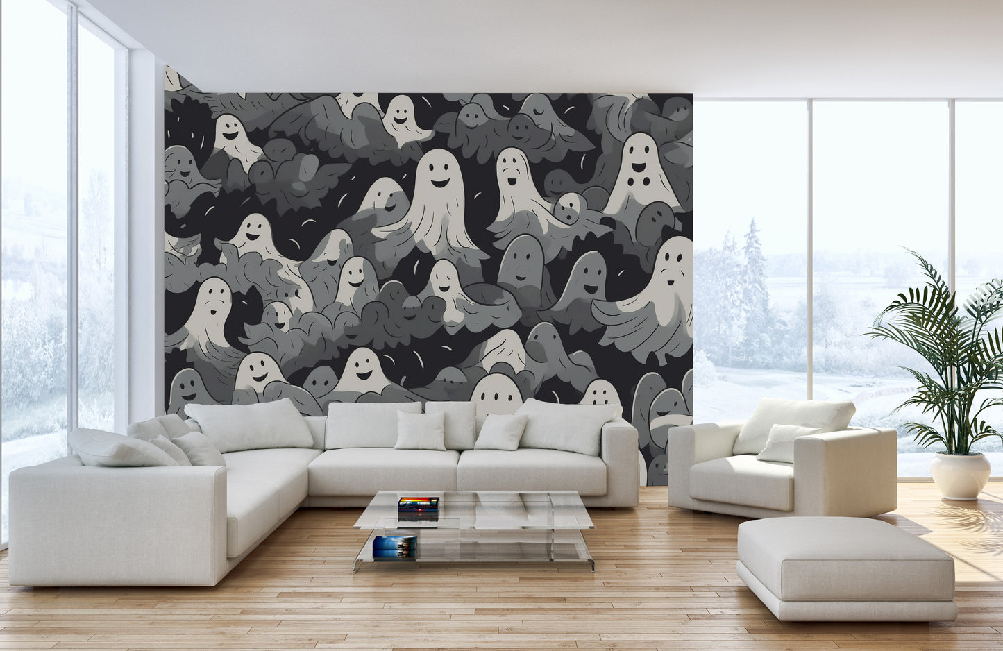 Monochrome Halloween Wallpaper with ghosts