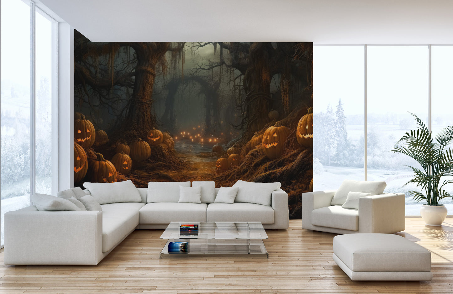 Eerie Pumpkin Forest Silhouette Wall Mural