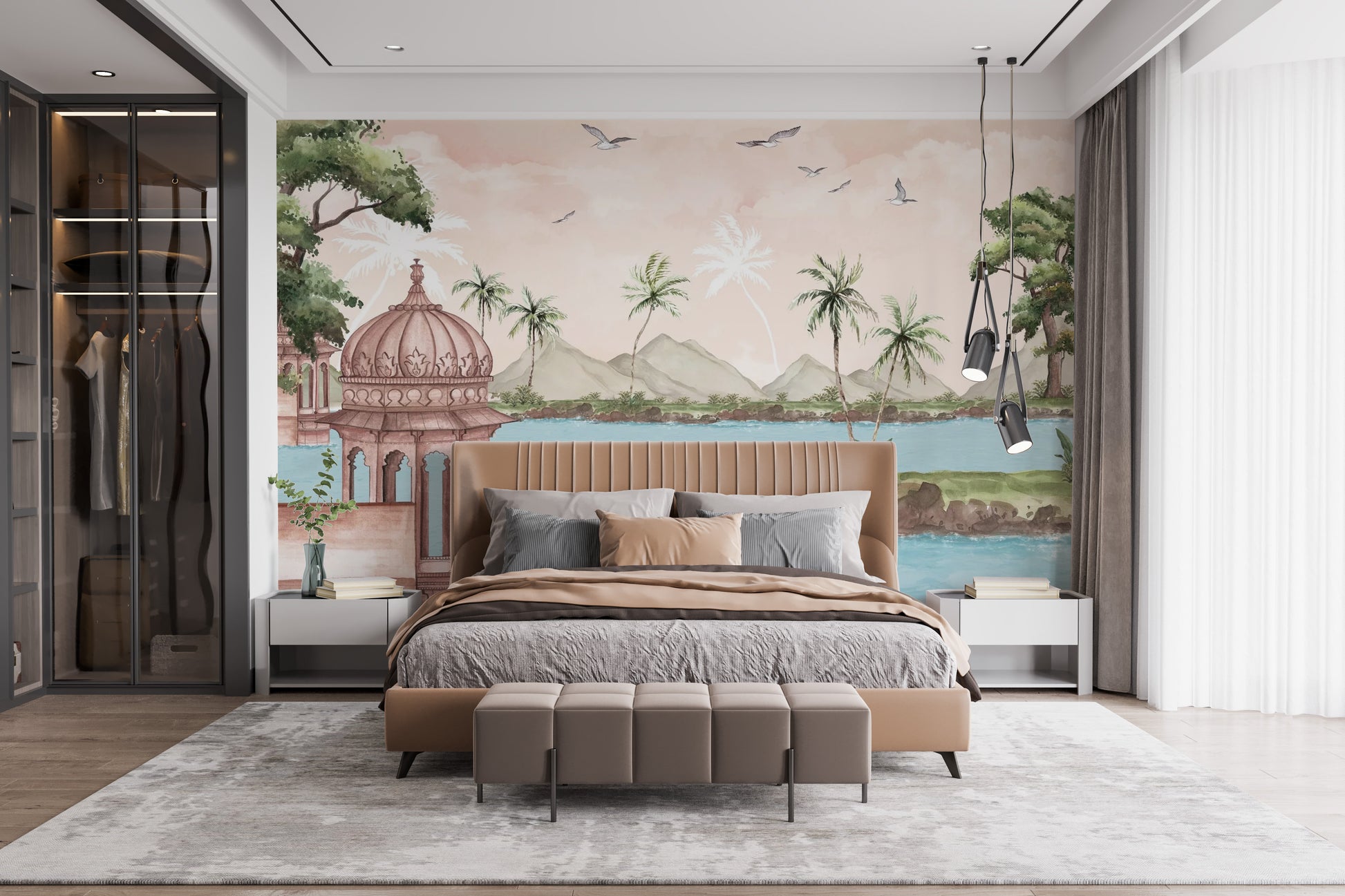 Serene Watercolour Lakeside View Wall Mural design
