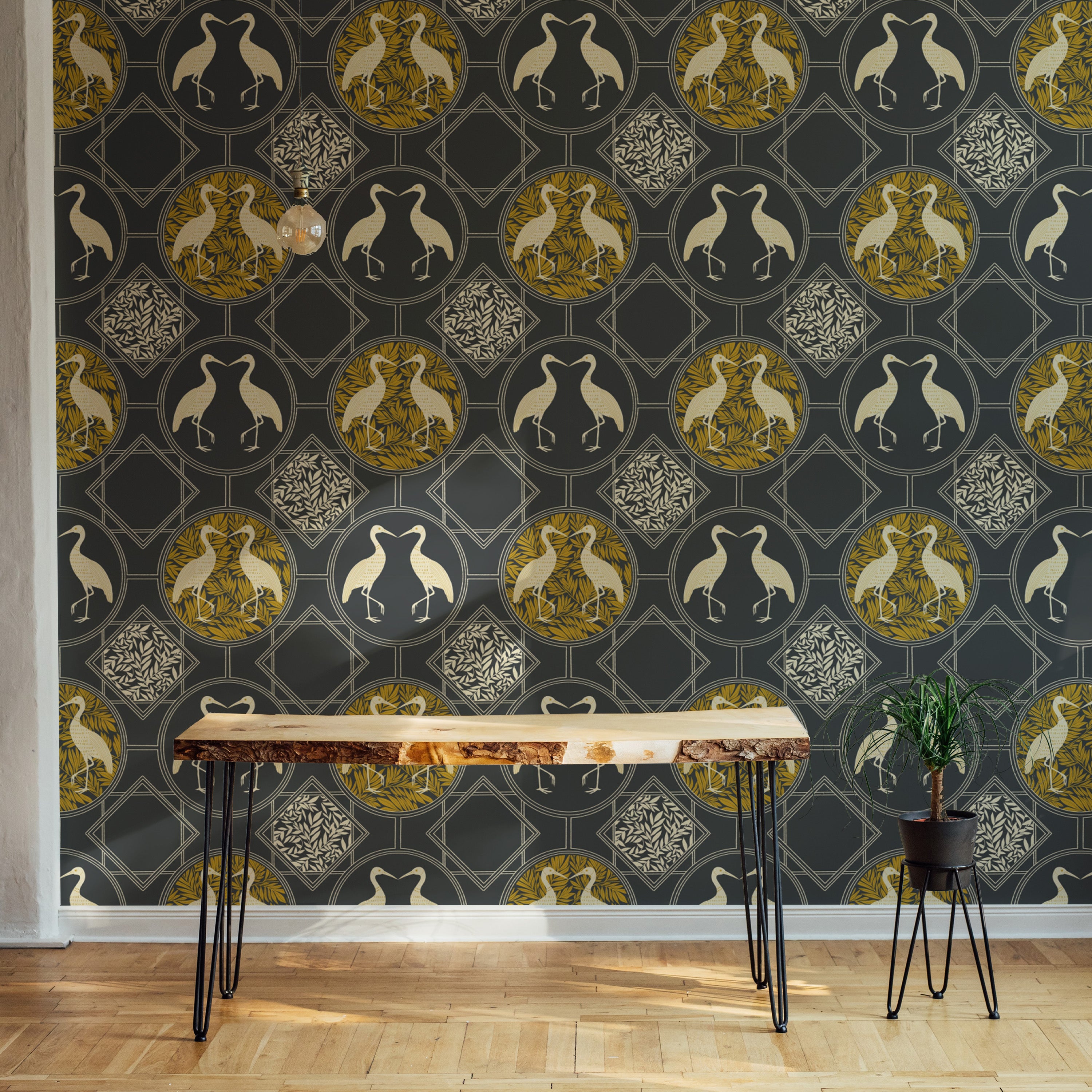 Charcoal art deco heron design wallpaper
